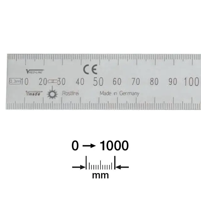Stållinjal 300x13x0,5 mm rustfri Lasergravert mm/mm skala ID-nr. (EC I) 